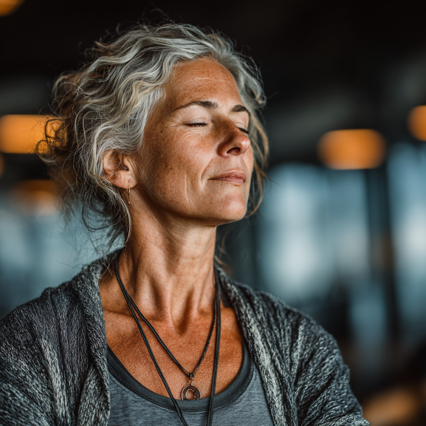 Зрела жена в медитативна йога поза на открито