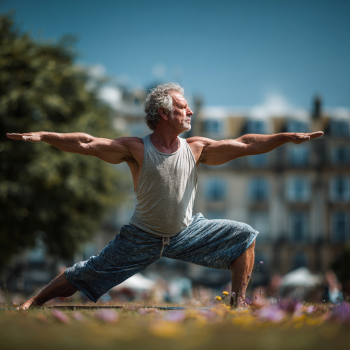 Зрела жена в медитативна йога поза на открито